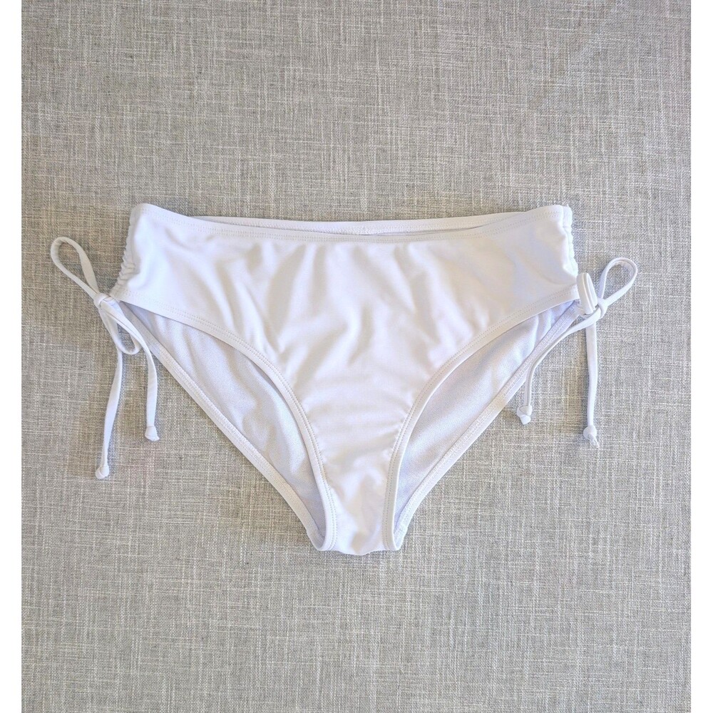 Full Coverage Mid Rise Side-Tie Ruched White Bikini Swim Bottoms Modest Med NEW